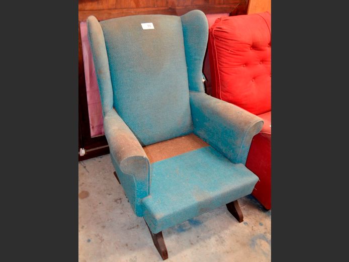 BLUE UPHOLSTERED ROCKING ARMCHAIR [Cushions needed, needs re-covering]
