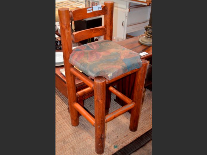 PINE LOG CABIN STYLE BAR CHAIR, 75cm High [Seat torn, needs a clean]	