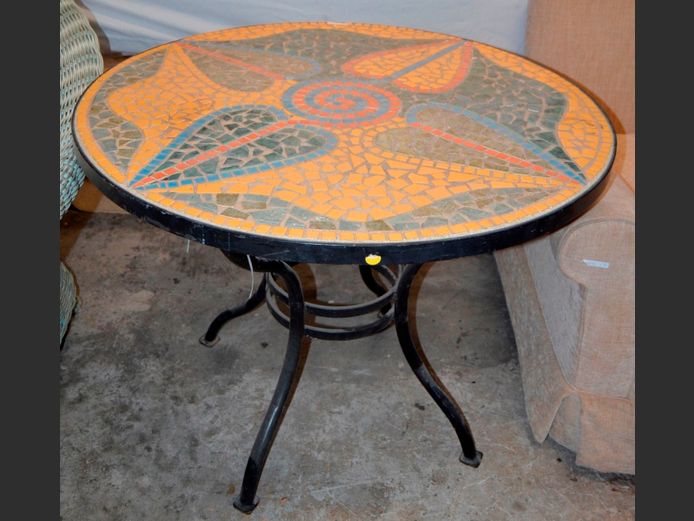 WROUGHT IRON MOSAIC TOP CIRCULAR 4-SEATER TABLE, 92cm Diameter x 68cm High