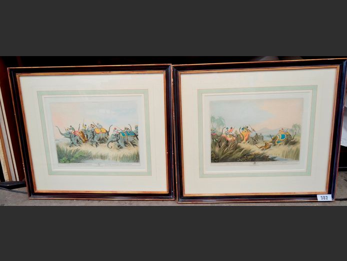 PAIR GILT FRAMED LITHOGRAPHS "THE TIGER AT BAY" & "TIGER LEAPING ON ELEPHANT", 45 x 34cm