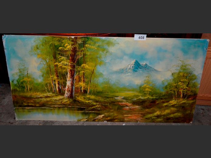 UNFRAMED OIL ON CANVAS "FOREST SCENE", 122 x 61cm [Damaged]