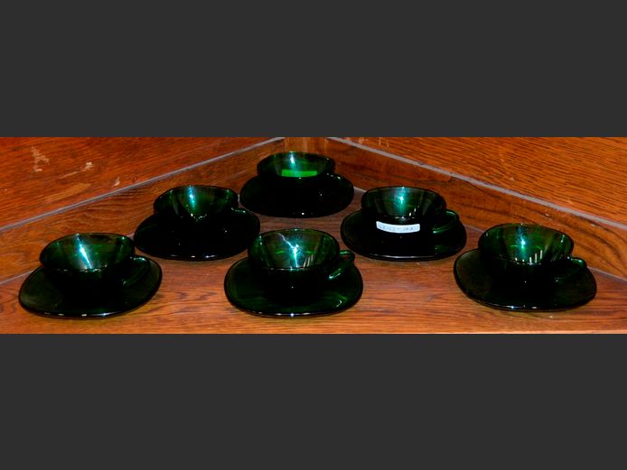 SET OF 6 DANISH GREEN GLASS TEA CUPS & SAUCERS