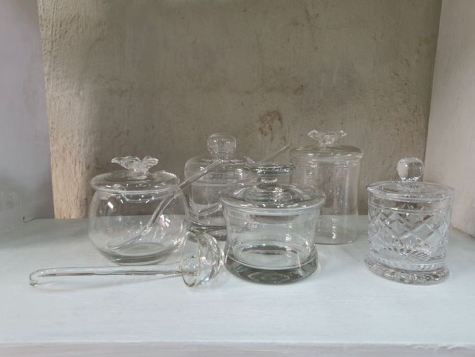 Assorted Vintage Clear Glass Condiment Pots and Serving Accessories Lot