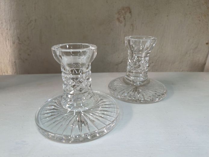 Pair of Vintage Heavy Cut Crystal Low Candlesticks
