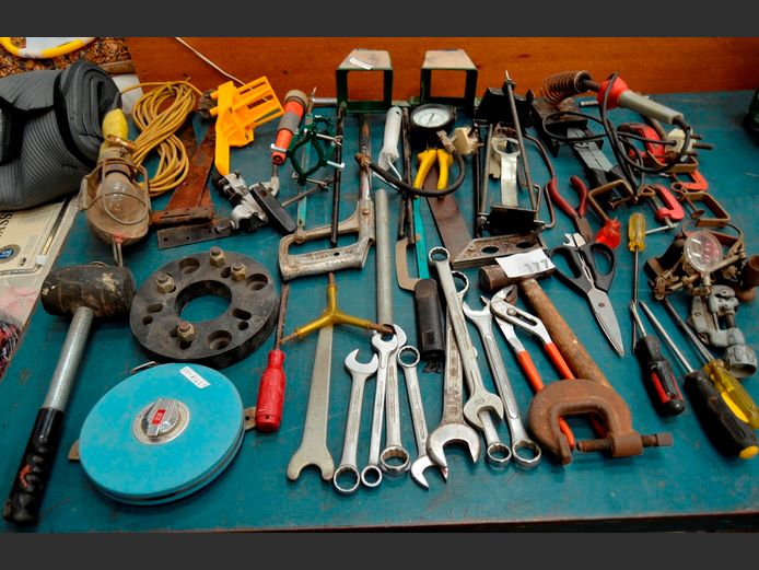COMBINATION SPANNERS, SOLDERING IRON, RUBBER MALLET, G-CLAMPS, etc [Switches on, untested further]