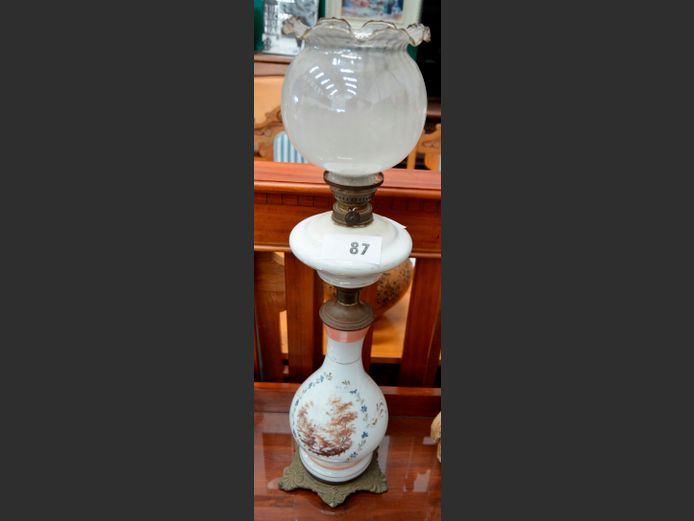 VINTAGE PORCELAIN & BRASS TABLE LAMP WITH GLASS SHADE, 72cm High [Rubbed]