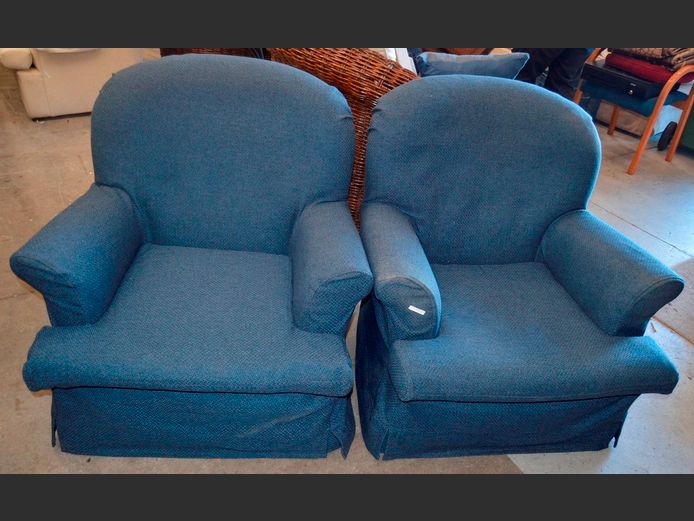 PAIR BLUE UPHOLSTERED ARMCHAIRS