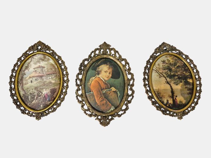 Set of 3 Vintage Italian Brass-Framed Miniature Prints