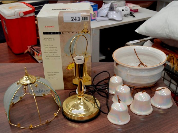 BRASS PLATED BEDSIDE LAMP WITH GLASS SHADE [Glass panes needed] & CERAMIC HANGING PLANTER