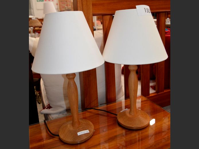 PAIR OAK BEDSIDE LAMPS WITH SHADES, 46cm High