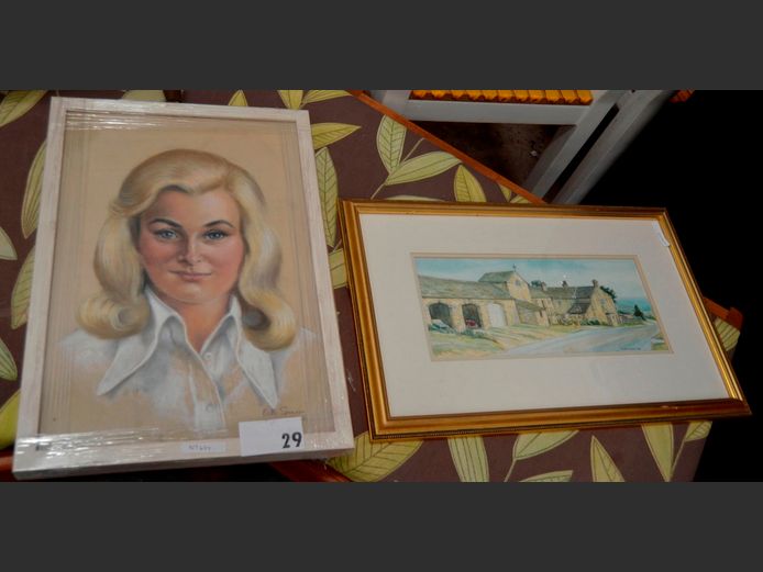 GILT FRAMED WATERCOLOUR "HOUSE" SIGNED W. JACKSON, 34.5 x 14.5cm, & A PORTRAIT OF A LADY SIGNED BETTE SPENCER, 96 x 31cm