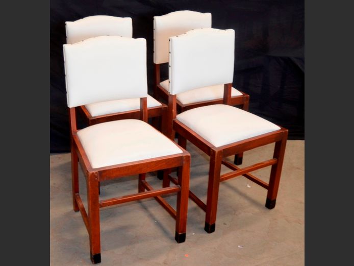 SET OF 4 TEAK & WHITE UPHOLSTERED DINING CHAIRS WITH CHAIR COVERS [1 chair damaged]