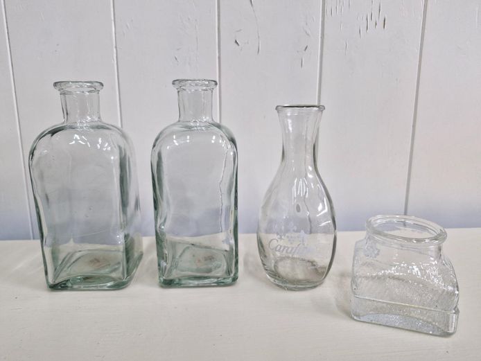 Set of 4 Vintage Clear Glass Bottles & Jar
