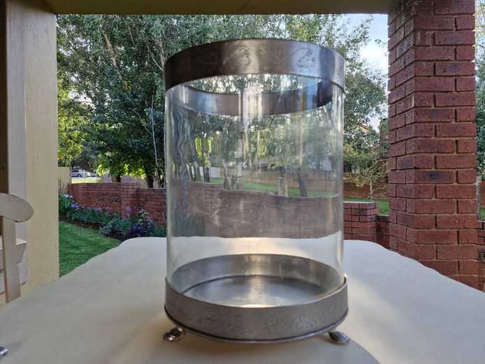 X-Large Silver Etched Metal & Glass Cylinder Lantern