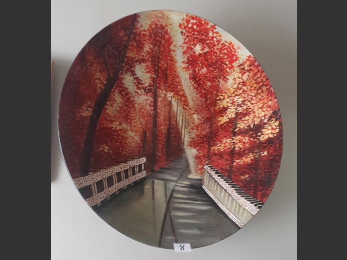 LARGE GLASS FIBRE HAND-PAINTED DECORATIVE WALL PLATE "AUTUMN SCENE", 100cm Diameter 