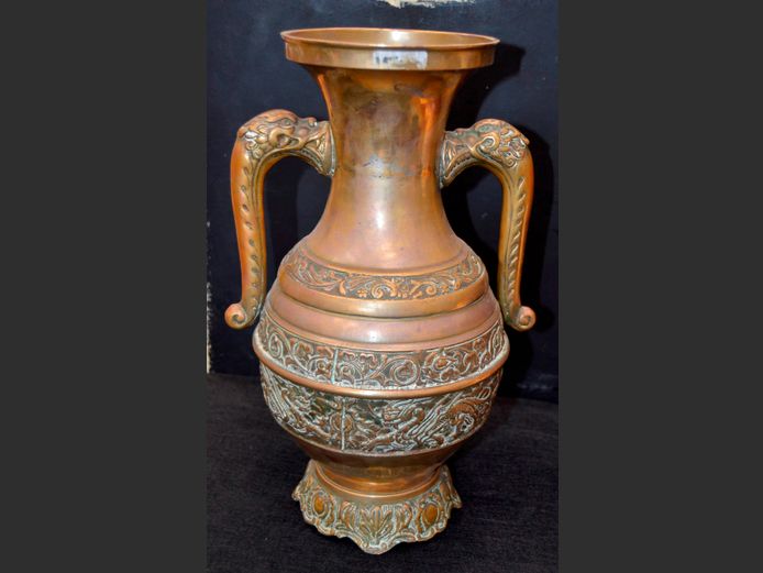 HEAVY BRASS 2-HANDLED VASE, 35.5cm High