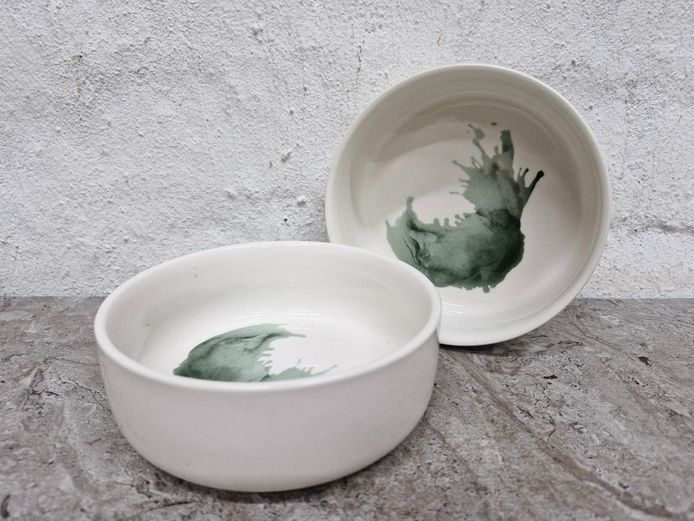Pair of Glazed Ceramic Bowls with Sage Ink Splatter