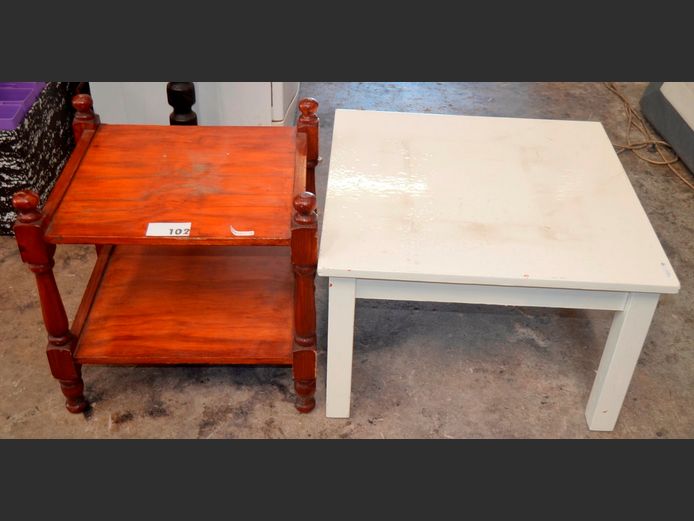 PINE SIDE TABLE WITH BOTTOM SHELF,49 x 41 x 50cm, & A WHITE PAINTED COFFEE TABLE, 60 x 60 x 38cm [7,9]