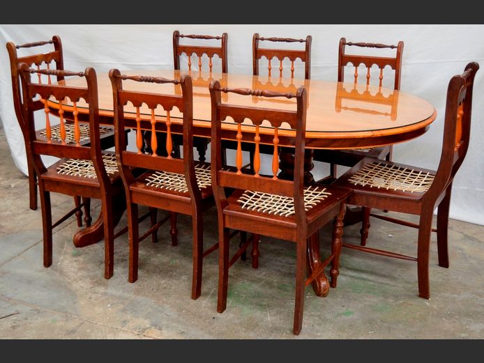 OVAL YELLOWWOOD & IMBUIA DINING TABLE WITH GLASS TOP & 8 RIEMPIE CHAIRS, 199 x 107 x 75cm [Watermarks to chairs]