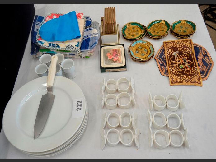 WHITE DINNER PLATES, CERAMIC NAPKIN HOLDERS, CAKE LIFT, VINTAGE COASTERS, etc