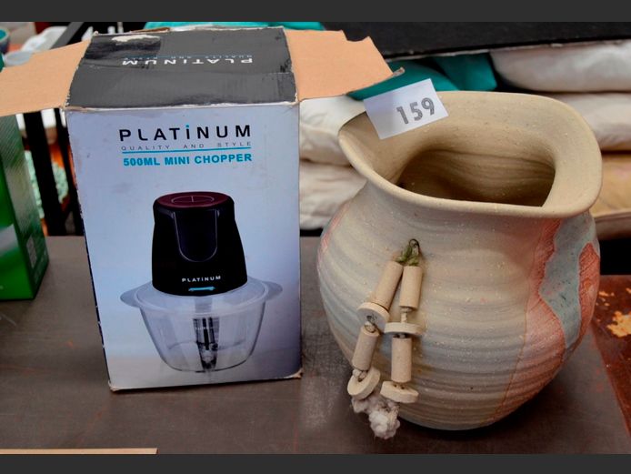 POTTERY PLANTER, 25cm High, & A PLATINUM MINI CHOPPER [Untested, Incomplete]