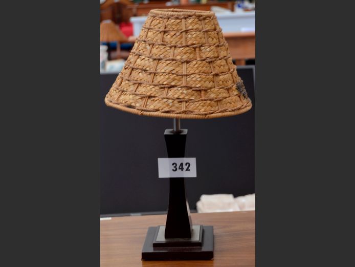 DARKWOOD BEDSIDE LAMP WITH WOVEN SHADE, 44cm High