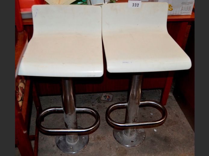 PAIR WHITE PLASTIC & STAINLESS STEEL FLOOR MOUNT BAR CHAIRS, 71cm High