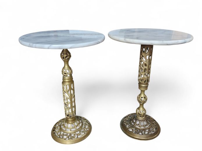Vintage French-Style Marble Top Filigree Brass Side Tables