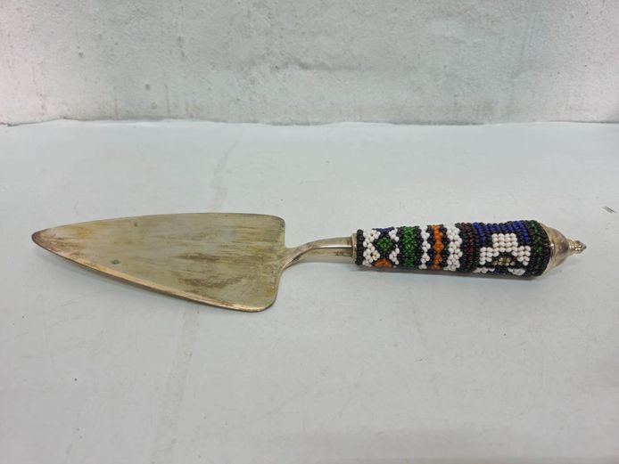African Beaded Handle Silver-Tone Cake Server
