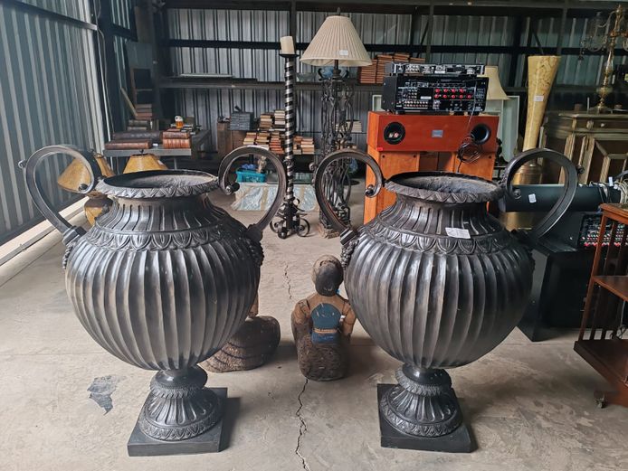 2× Tall Vintage Bronze Urns (STC)
