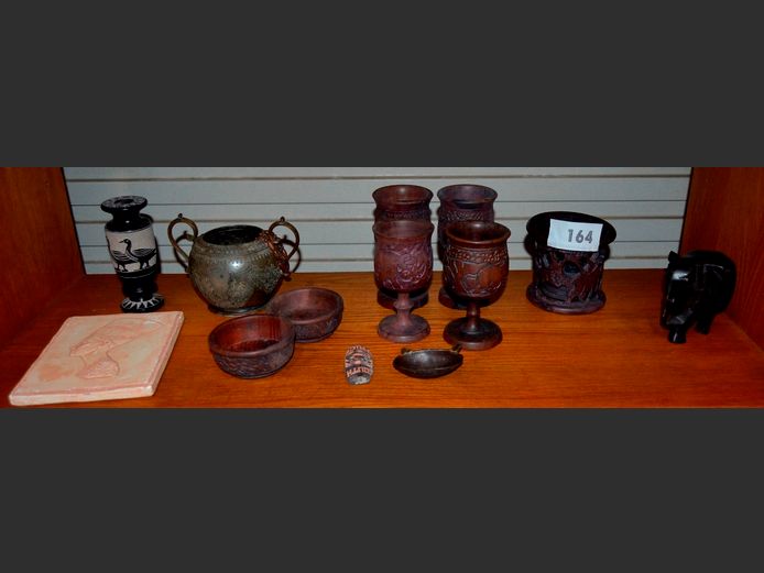 ELEPHANT ORNAMENT, WOODEN GOBLETS, COASTERS, etc