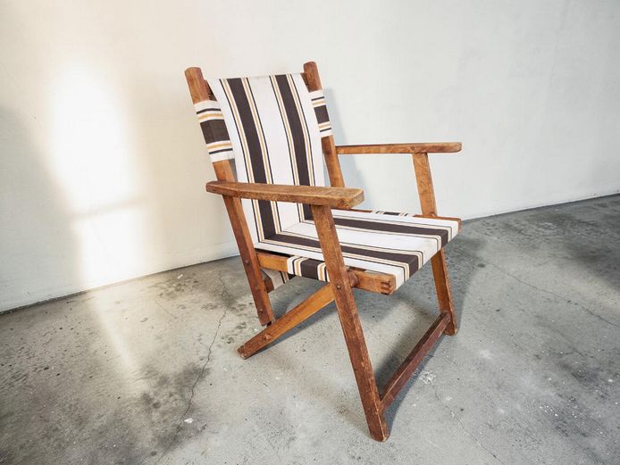 Vintage Folding Wooden Deck Chair with Striped Canvas