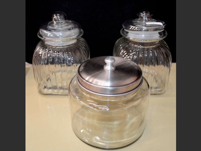 LOT OF 3: GLASS COOKIE JARS WITH LIDS