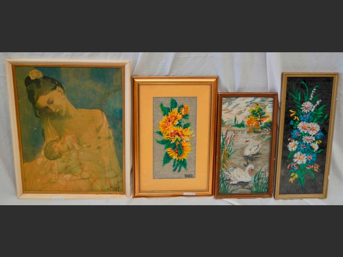 GILT FRAMED BEAD SUNFLOWER, FRAMED PRINT "MOTHER & CHILD", etc