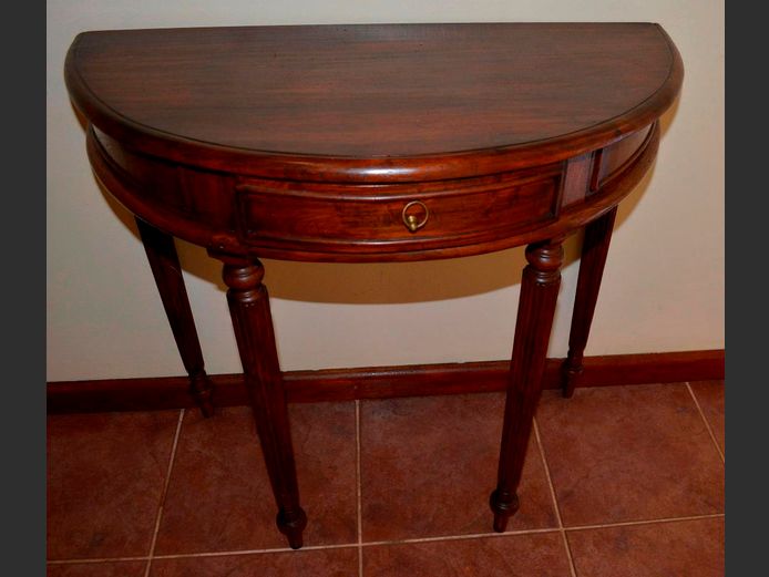 BALINESE TEAK SINGLE DRAWER DEMILUNE ON REEDED LEGS, 80 x 39 x 73cm