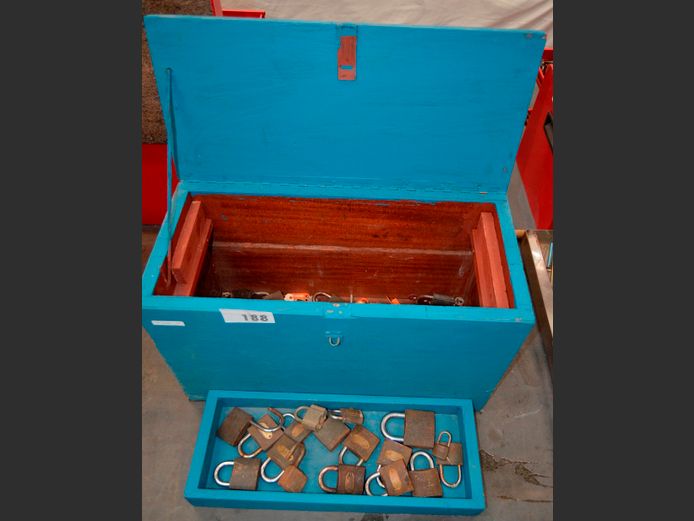 BLUE WOODEN TOOLBOX WITH PADLOCKS, 55 x 25 x 34cm [Keys needed for some]
