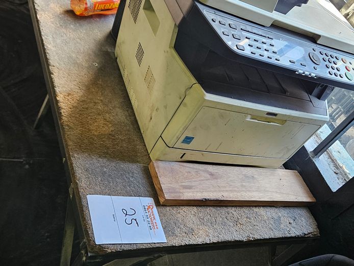 OLD METAL TABLE WITH WOODEN TOP, PRINTER AND VARIOUS OFFICE CHAIRS