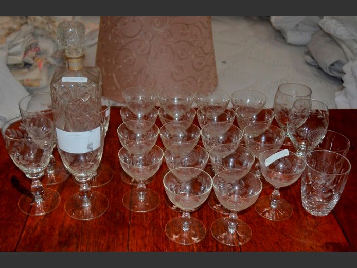 COLLECTION VINTAGE EMBOSSED WINE GLASSES, SHERRY GLASSES, CUT GLASS DECANTER, etc