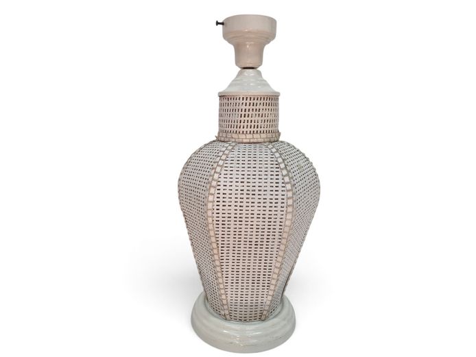 Vintage Woven Cane & Ceramic Baluster Table Lamp