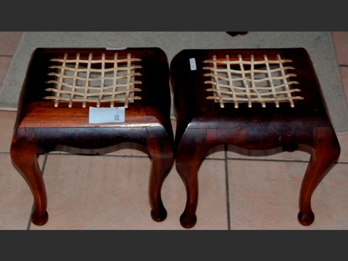 PAIR STINKWOOD RIEMPIE STOOLS, 33 x 33 x 30cm