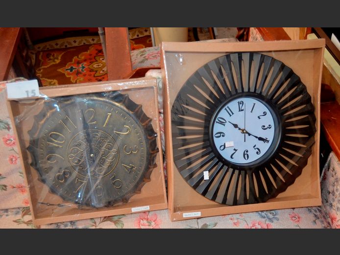 LOT OF 2: "GILT" & BLACK PLASTIC WALL CLOCKS
