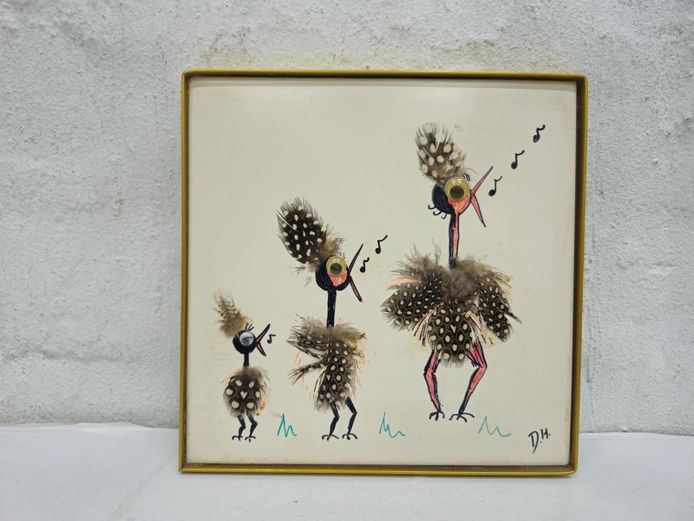 Framed Birds with "Attitude" Mixed Media Feather Ceramic Tile Artwork