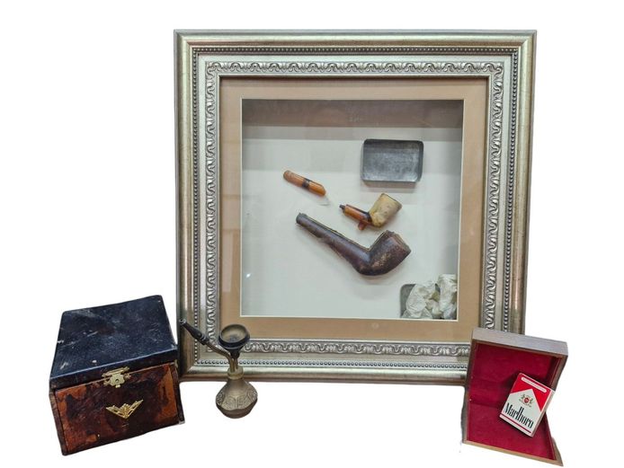 Antique Pipe, Case & Tobacco Jar in Shadow Box & Collectibles