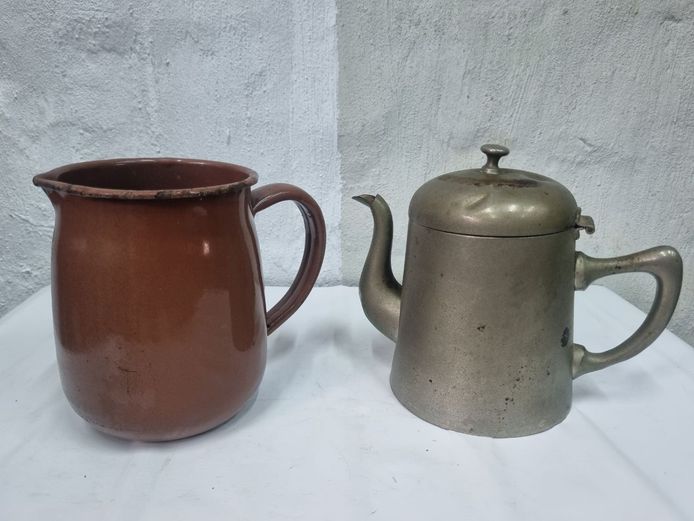 Vintage Enamelware Pitcher and Metal Teapot Set