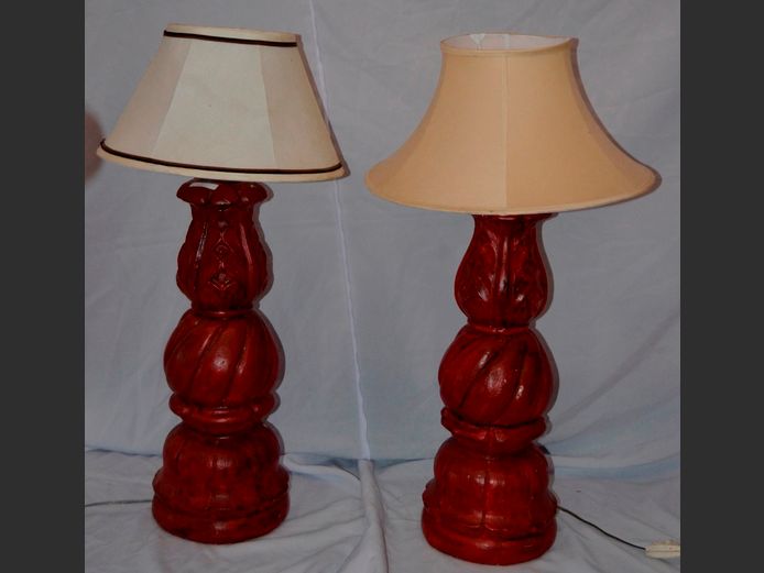 PAIR BROWN CERAMIC TABLE LAMPS WITH SHADES, 73cm High