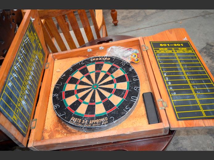 DARTBOARD WITH DARTS IN CABINET, 57 x 10 x 69cm