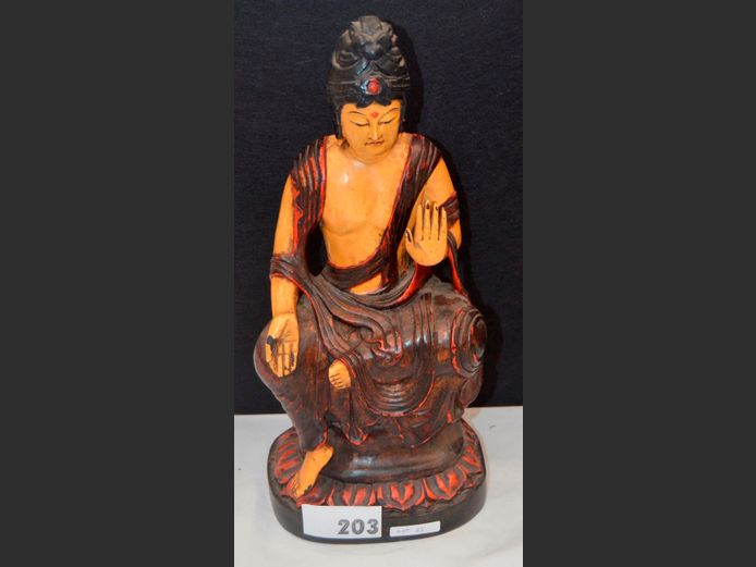 ANTIQUE CHINESE HAND CARVED & LACQUERED FIGURE OF A SEATED BUDDHA, Buddha = 45cm High