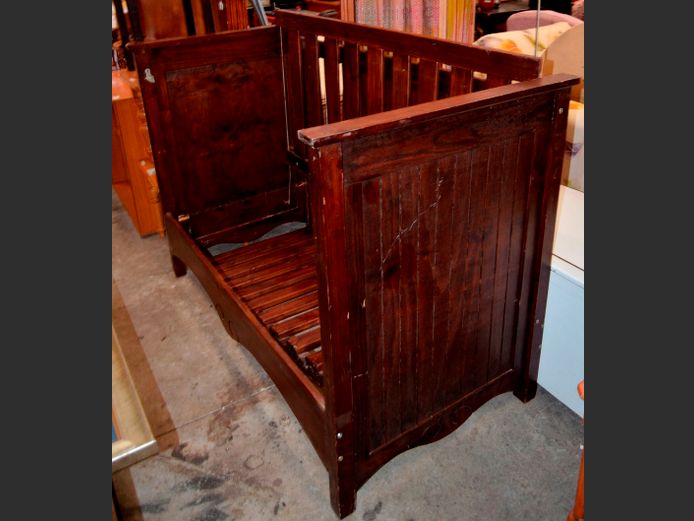 STAINED PINE COT FRAME, 144 x 76 x 103cm [Needs some repairs]