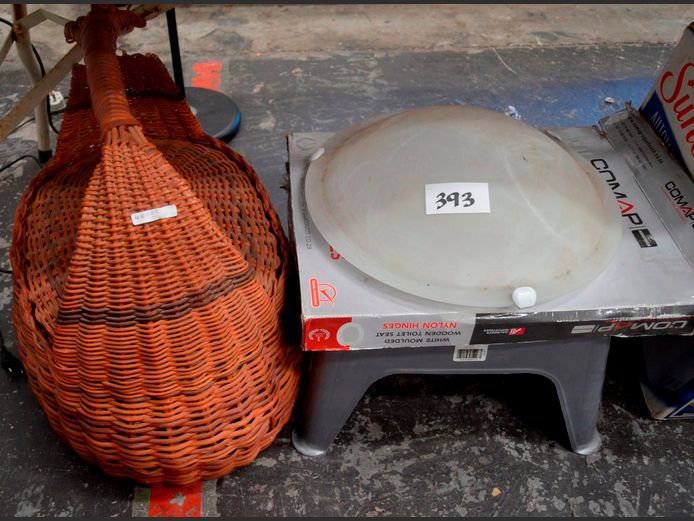 WICKER KNITTING BASKET, STAINLESS STEEL BED PAN, CRUTCHES, etc
