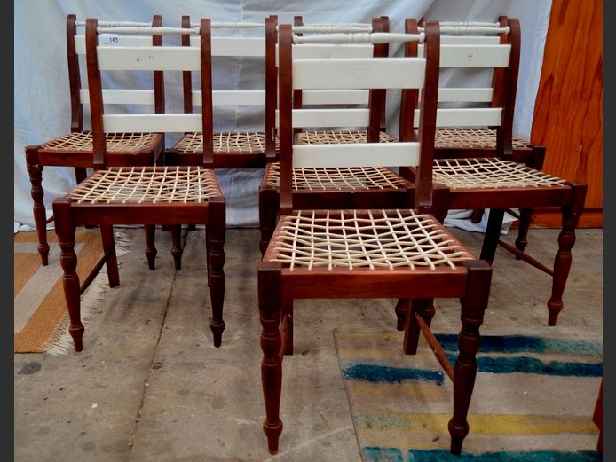 SET OF 8 YELLOWWOOD & IMBUIA DINING CHAIRS WITH RIEMPIE SEATS [Part painted white]